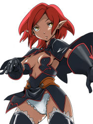 Rule 34 | 1girl, armor, black dress, black thighhighs, breasts, capelet, covered erect nipples, dress, frilled panties, frills, gloves, hekeniko, lace, lace-trimmed legwear, lace trim, looking at viewer, medium breasts, original, panties, pointing, pointy ears, red hair, short hair, simple background, solo, standing, thighhighs, underwear, white background, white panties, yellow eyes