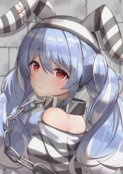 Rule 34 | 1girl, animal ears, bare shoulders, blue hair, blurry, blurry background, brick wall, chain, collar, crack, cracked wall, from side, hair between eyes, highres, hololive, long hair, looking at viewer, looking to the side, menmen (menmen13s), metal collar, multicolored hair, off-shoulder shirt, off shoulder, orange eyes, paperclip, parted lips, prison clothes, rabbit ears, shirt, short eyebrows, sidelocks, solo, striped clothes, striped headwear, striped shirt, thick eyebrows, twintails, two-tone hair, upper body, usada pekora, usada pekora (prisoner), virtual youtuber, white hair