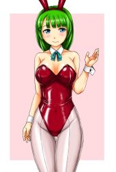 Rule 34 | 1girl, adapted costume, animal ears, bare shoulders, blue eyes, bow, bowtie, breasts, cleavage, detached collar, fake animal ears, green hair, kantai collection, kudou (ooabareteng), large breasts, leotard, long hair, looking at viewer, mole, mole under mouth, pantyhose, playboy bunny, purple pantyhose, rabbit ears, red leotard, smile, solo, very long hair, wrist cuffs, yuugumo (kancolle)