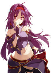 Rule 34 | 1girl, antenna hair, armor, black gloves, breastplate, clothes lift, cowboy shot, detached sleeves, finger to mouth, fingerless gloves, gloves, hairband, highres, lifted by self, long hair, looking at viewer, midriff, navel, parted bangs, parted lips, pointy ears, purple armor, purple hair, red eyes, red hairband, revision, shikei, simple background, skirt, skirt lift, smile, solo, standing, sword art online, thighs, white background, yuuki (sao)