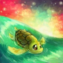 Rule 34 | brown eyes, commentary, cortoony, creature, english commentary, full body, horns, neopets, no humans, outdoors, shell, shoyru, single horn, solo, starry sky, swimming, turtle, water