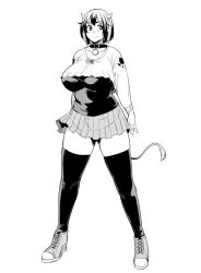 Rule 34 | 1girl, blush, breasts, cleavage, collar, collarbone, cow girl, cow horns, cow tail, fukumaaya, full body, greyscale, horns, large breasts, legs apart, long sleeves, miniskirt, monochrome, multicolored hair, original, pleated skirt, ribbon, shoes, short hair, simple background, skirt, smile, sneakers, solo, standing, tail, thighhighs, white background, zettai ryouiki