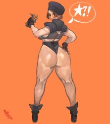 Rule 34 | 1girl, absurdres, ass, breasts, food, highres, huge ass, jill valentine, keziedra, large breasts, orange background, resident evil, sandwich, short hair, thighs