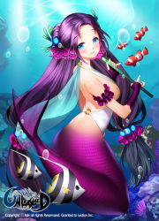 Rule 34 | 1girl, aile (crossroads), blue eyes, blush, bubble, character request, copyright name, fingerless gloves, fish, flute, gloves, instrument, long hair, mermaid, monster girl, o-ring, purple hair, smile, solo, tank top, underwater, unleashed