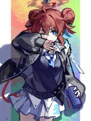 Rule 34 | 1girl, ahoge, blue archive, blue eyes, blue necktie, blue sweater vest, can, collared shirt, cowboy shot, double bun, hair bun, hair intakes, halo, highres, holding, holding can, hood, hood down, hooded jacket, jacket, long sleeves, looking at viewer, maki (blue archive), necktie, one eye closed, paint on clothes, paint splatter, paint splatter on face, pleated skirt, puffy sleeves, red hair, ria wndhi, shirt, short hair, sidelocks, skirt, smile, solo, spray can, sweater vest, white shirt, wiping face