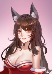Rule 34 | 1girl, absurdres, ahri (league of legends), animal ears, bare shoulders, breasts, cat ears, cecilia (oshigoto boshuuchuu), cleavage, facial mark, fox ears, highres, large breasts, league of legends, looking at viewer, mole, mole under eye, pink background, portrait, solo, whisker markings, yellow eyes