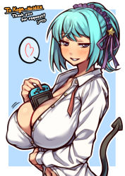 Rule 34 | 1girl, absurdres, aqua hair, between breasts, breasts, collared shirt, commentary, covered erect nipples, demon girl, demon tail, hair between eyes, hair ornament, hair ribbon, headdress, heart, highres, huge breasts, kurono kurumu, long sleeves, looking back, loose necktie, navel, necktie, nikuatsu magician shinbo, nintendo switch, no bra, open mouth, parted lips, purple eyes, ribbon, rosario+vampire, sagging breasts, shirt, short hair, solo, star (symbol), star hair ornament, tail, teeth, thank you, two-tone background, white shirt