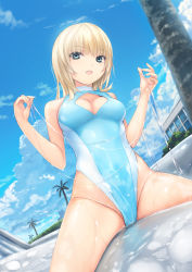 Rule 34 | 1girl, bare shoulders, blonde hair, blue sky, blue one-piece swimsuit, breasts, building, bush, cleavage cutout, clothing cutout, cloud, coffee-kizoku, commentary request, competition swimsuit, day, groin, hands up, highleg, highleg swimsuit, highres, long hair, lotion, medium breasts, mele retanagua, one-piece swimsuit, open mouth, original, outdoors, skindentation, sky, solo, straddling, swimsuit, thighs, tree, wet
