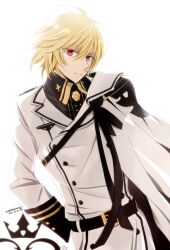 Rule 34 | 1boy, artist name, belt, black belt, blonde hair, buttons, closed mouth, collared shirt, commentary request, dated, gloves, hair between eyes, hyakuya mikaela, long sleeves, male focus, owari no seraph, red eyes, shirt, short hair, solo, split mouth, tsukimori usako, white background, white gloves