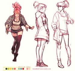 Rule 34 | 1girl, annie mei, annie mei project, black thighhighs, bracelet, breasts, caleb thomas, casual, character sheet, cleavage, color guide, green eyes, jacket, jewelry, long hair, multiple views, necklace, pink hair, ponytail, short shorts, shorts, sketch, smile, thighhighs