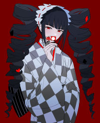 Rule 34 | 1girl, bad id, bad pixiv id, black hair, black nails, card, celestia ludenberg, checkered clothes, checkered kimono, danganronpa: trigger happy havoc, danganronpa (series), drill hair, heart, highres, holding, holding card, japanese clothes, kimono, long hair, long sleeves, looking at viewer, nail polish, red background, red eyes, simple background, solo, twin drills, twintails, upper body, vo1ez, wide sleeves