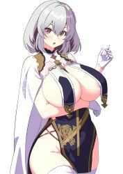Rule 34 | 1girl, areola slip, arm under breasts, azur lane, blush, breast curtains, breasts, cape, commentary request, gloves, gold trim, grey hair, half gloves, highres, large breasts, looking at viewer, official alternate costume, open mouth, pelvic curtain, pon tanuki (ga7fsrge9jxblaw), red eyes, revealing clothes, ribbon between breasts, short hair, simple background, sirius (azur lane), sirius (azure horizons) (azur lane), solo, upper body, white background, white cape, white gloves