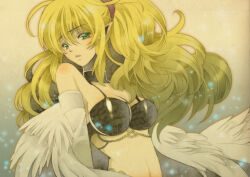 Rule 34 | 1girl, aikosu (icos), bare shoulders, blonde hair, breasts, choker, cleavage, commentary request, duel monster, feathers, green eyes, harpie dancer, harpy, long hair, looking at viewer, medium breasts, monster girl, ponytail, solo, thighhighs, white feathers, white wings, winged arms, wings, yu-gi-oh!