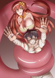 Rule 34 | 1boy, 1girl, 2018, bandages, black hair, blank eyes, breasts, coiled, covered mouth, egyptian, egyptian clothes, elakan, eyelashes, gold necklace, grabbing, grabbing from behind, hair ornament, halloween costume, highres, jewelry, kurusu kimihito, lamia, large breasts, long hair, looking at viewer, miia (monster musume), monster girl, monster musume no iru nichijou, mummy costume, necklace, pointy ears, red hair, scales, slit pupils, snake bondage, snake tail, tail, tongue, very long hair, wrapped up, yellow eyes