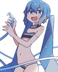 Rule 34 | 1girl, :d, bandeau, bikini, blue eyes, blue hair, breasts, hatsune miku, highres, hose, icon 315, long hair, navel, open mouth, small breasts, smile, solo, swimsuit, twintails, very long hair, vocaloid, water, white background
