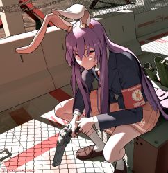 Rule 34 | 1girl, absurdres, animal ears, blazer, chain, circle a, expressionless, eyebrows hidden by hair, gears of war, gun, highres, jacket, light, long hair, long sleeves, looking ahead, necktie, purple hair, rabbit ears, red eyes, reisen udongein inaba, rocket launcher, shadow, shoes, skirt, solo, touhou, very long hair, weapon, white legwear