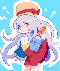 Rule 34 | 1girl, :d, absurdres, blue background, blue jacket, blush, bow, bowtie, center frills, commentary request, cowboy shot, food, frills, grey hair, hair between eyes, hat, hat bow, highres, incoming food, jacket, long hair, looking at viewer, mascot, noniha, open clothes, open jacket, open mouth, orange eyes, pleated skirt, polka dot, polka dot bow, polka dot bowtie, red bow, red skirt, shirt, skirt, smile, solo, standing, star (symbol), umaibou, umami-chan, very long hair, white bow, white bowtie, white shirt, yaokin