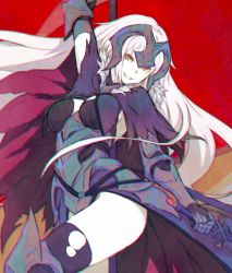 Rule 34 | 1girl, arm up, armor, armored dress, black dress, black thighhighs, blonde hair, boots, breasts, chromatic aberration, cleavage, dress, evil grin, evil smile, fate/grand order, fate (series), grin, headpiece, highres, holding, holding sword, holding weapon, jeanne d&#039;arc (fate), jeanne d&#039;arc (ruler) (fate), jeanne d&#039;arc alter (avenger) (fate), jeanne d&#039;arc alter (avenger) (third ascension) (fate), jeanne d&#039;arc alter (fate), large breasts, long hair, looking at viewer, open mouth, ruler (fate/grand order), simple background, smile, sword, thighhighs, utu (ldnsft), waist cape, weapon, yellow eyes