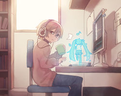 Rule 34 | 1boy, 1girl, arm up, backlighting, blouse, blue pants, bookshelf, brown eyes, brown shirt, chair, cup, detached sleeves, eighth note, electrical outlet, from behind, hatsune miku, headphones, holding, holding cup, hologram, indoors, leg up, light brown hair, long hair, looking at another, master (vocaloid), miniskirt, monitor, musical note, outstretched arm, pants, paper, pleated skirt, plug, room, shirt, sitting, skirt, sleeveless, sleeveless shirt, standing, standing on one leg, t705gp, thighhighs, twintails, very long hair, vocaloid