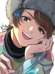 Rule 34 | 1boy, akune rindo, blue hair, brown eyes, brown hair, chain, chain necklace, earrings, fur hat, hand on own cheek, hand on own face, hat, highres, hypnosis mic, hypnosis mic: rule the stage, jewelry, kishinaito, long sleeves, looking at viewer, male focus, multicolored hair, necklace, open mouth, short hair, solo, tie-dye, upper body, v-shaped eyebrows