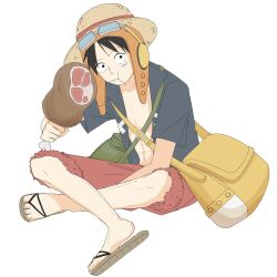 1boy bag black_hair blue_shirt boned_meat closed_mouth collarbone eating facial_scar food full_body goggles goggles_on_headwear hat highres holding holding_food indian_style looking_at_viewer male_focus meat mezuraiya monkey_d._luffy official_alternate_costume one_piece one_piece:_strong_world open_clothes open_shirt red_shorts sandals scar scar_on_cheek scar_on_face shirt short_hair shorts shoulder_bag sitting solo straw_hat toned toned_male white_background