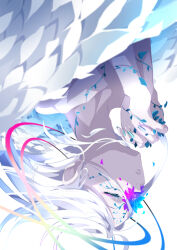 Rule 34 | 1girl, angel, angel wings, closed eyes, feathered wings, feathers, flower, flower over eye, goma irasuto, grey hair, highres, long hair, looking at viewer, multicolored flower, nail polish, original, upside-down, white feathers, white hair, wings