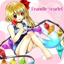 1girl akina_(artist) akina_(schism) bad_id bad_pixiv_id barefoot blonde_hair character_name child feet female_focus flandre_scarlet food one-piece_swimsuit one_side_up ponytail popsicle red_eyes school_swimsuit short_hair side_ponytail solo swimsuit touhou watermelon_bar wings