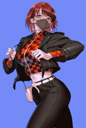 Rule 34 | 1girl, bag, black jacket, black pants, blue background, blue eyes, blue nails, checkered clothes, checkered shirt, commentary request, crop top, highres, jacket, long sleeves, looking at viewer, maruyama rui, mask, midriff, mouth mask, nail polish, navel, open clothes, open jacket, orange shirt, original, pants, red hair, shirt, shoulder bag, simple background, solo