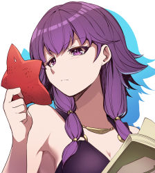 Rule 34 | 1girl, book, breasts, cleavage, closed mouth, fire emblem, fire emblem: the sacred stones, fire emblem heroes, highres, holding, lute (fire emblem), nakabayashi zun, nintendo, open book, purple eyes, purple hair, solo, starfish, upper body