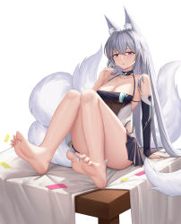 Rule 34 | 1girl, absurdres, animal ear fluff, animal ears, azur lane, barefoot, commentary request, feet, fox ears, fox tail, highres, luoloo, multiple tails, shinano (azur lane), shinano (moonlit chrome) (azur lane), simple background, soles, solo, tail, thighs, toes, white background