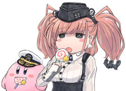 Rule 34 | 1girl, admiral (kancolle), anchor hair ornament, atlanta (kancolle), black eyes, blouse, blush, blush stickers, breasts, brown hair, candy, crossover, earrings, food, fukidamari no peke, garrison cap, gloves, hair ornament, hat, headgear, high-waist skirt, holding, holding candy, holding food, holding lollipop, invincible candy, jewelry, kantai collection, kirby, kirby (series), licking, lollipop, long hair, long sleeves, mouth hold, nintendo, non-human admiral (kancolle), partially fingerless gloves, shirt, simple background, single earring, skirt, star (symbol), star earrings, tongue, twintails, two side up, white background, white shirt