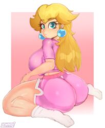 Rule 34 | 1girl, artist name, ass, blonde hair, blue eyes, border, breasts, casual, earrings, eyelashes, from side, full body, highres, huge ass, jewelry, large breasts, lewnoli, lips, long hair, looking at viewer, mario (series), nintendo, nose, nostrils, pink background, pink shirt, pink shorts, princess peach, puckered lips, seiza, shirt, short sleeves, shorts, sitting, smile, socks, solo, super mario bros. 1, thighs, white border, white socks