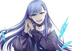 Rule 34 | 1girl, aqua eyes, black choker, blue hair, blush, choker, ear piercing, earrings, hair ornament, hairclip, hand on hand, jacket, jewelry, long hair, looking at viewer, open clothes, open jacket, open mouth, original, piercing, purple jacket, smile, solo, sorayan 03, white background