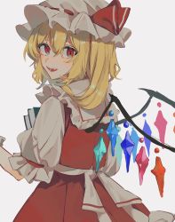 Rule 34 | 1girl, blonde hair, book, closed mouth, commentary, cowboy shot, crystal, fangs, flandre scarlet, from behind, grey background, hair between eyes, hat, hat ribbon, highres, holding, holding book, long hair, looking at viewer, looking back, mob cap, one side up, open mouth, puffy short sleeves, puffy sleeves, red eyes, red ribbon, red skirt, red vest, ribbon, shirt, short sleeves, skirt, solo, symbol-only commentary, teeth, touhou, vest, white hat, white shirt, wings, yanfei u