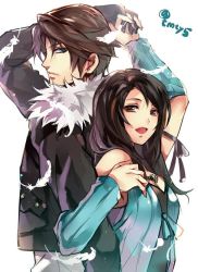 Rule 34 | 1boy, 1girl, black hair, black jacket, blue eyes, breasts, brown hair, final fantasy, final fantasy viii, gloves, gunblade, hetero, jacket, jewelry, long hair, necklace, open mouth, rinoa heartilly, scar, short hair, squall leonhart, sword, tama (tmfy5), weapon