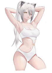 Rule 34 | 1girl, absurdres, animal ears, arknights, armpits, arms behind head, arms up, bare arms, bare shoulders, breasts, cat ears, cleavage, commentary request, cowboy shot, groin, hair between eyes, highres, large breasts, long hair, looking at viewer, navel, one-piece swimsuit, parted lips, ponytail, schwarz (arknights), simple background, solo, standing, stomach, swimsuit, thighs, very long hair, white background, white hair, white one-piece swimsuit, yellow eyes, yuanqi (chriu)