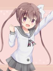 Rule 34 | 10s, 1girl, :d, arm up, black skirt, black thighhighs, blush, bow, brown hair, commentary request, fang, hair between eyes, hair bow, highres, koyuki (azumaya999), long hair, long sleeves, looking at viewer, momochi tamate, open mouth, pleated skirt, purple eyes, school uniform, serafuku, shirt, sidelocks, skirt, slow start, smile, solo, thighhighs, twintails, very long hair, white bow, white shirt