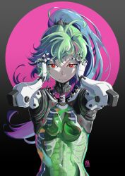Rule 34 | 1girl, automatic giraffe, cyborg, disembodied head, emmy (automatic giraffe), green hair, highres, looking at viewer, monster girl, original, ponytail, red eyes, skeleton, slime girl, solo