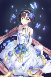Rule 34 | 1girl, black hair, blue butterfly, blue flower, bouquet, bow, breasts, broken mirror, brooch, bug, butterfly, cleavage, dark background, detached sleeves, dress, dress bow, flower, glass shards, green eyes, hair flower, hair ornament, hairband, highres, insect, jewelry, kuwa aak, mirror, original, smile, solo, wedding dress, white dress, yellow bow