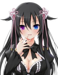 Rule 34 | 1girl, absurdres, black bow, black dress, black hair, blue eyes, blush, bow, breasts, cleavage, cleavage cutout, clothing cutout, commentary request, dress, frilled dress, frilled sleeves, frills, gensou no idea, gothic lolita, hair between eyes, hair bow, hair ribbon, hand up, heterochromia, highres, large breasts, lolita fashion, long hair, long sleeves, looking at viewer, ncontrail (mgax7527), open mouth, pink ribbon, purple eyes, ribbon, shinomori rinon, simple background, solo, straight-on, straight hair, upper body, very long hair, white background, white bow, wide sleeves