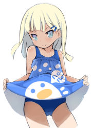 Rule 34 | 1girl, bare arms, bare shoulders, blonde hair, blue dress, blue eyes, blue one-piece swimsuit, blush, closed mouth, clothes lift, cowboy shot, dress, dress lift, female focus, hair ornament, hairclip, holding, kurasuke, lifted by self, long hair, looking at viewer, one-piece swimsuit, original, school swimsuit, simple background, sketch, smile, solo, strapless, strapless dress, swimsuit, swimsuit under clothes, white background