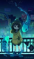 Rule 34 | 1girl, absurdres, air bubble, balcony, black eyes, black shorts, blue footwear, brown hair, bubble, cityscape, closed mouth, fish, fish skeleton, hand in pocket, hands in pockets, highres, hood, hood down, hoodie, looking at viewer, neon lights, night, night sky, original, shimarisu yukichi, shoes, short hair, shorts, skull, sky, socks, spine, standing, star (sky), swimming, triangle, water, white socks, yellow hoodie