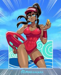 Rule 34 | 1girl, alternate costume, avatar: the last airbender, avatar legends, baywatch, biceps, blue eyes, breasts, brown hair, cleavage, collarbone, covered abs, dark-skinned female, dark skin, holding, holding whistle, korra, large breasts, lips, long hair, looking at viewer, mike luckas, muscular, muscular female, one-piece swimsuit, ponytail, red one-piece swimsuit, solo, swimsuit, twitter username, whistle