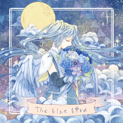Rule 34 | 1girl, banner, bird wings, blue dress, blue flower, blue hair, blue rose, border, bouquet, capelet, closed eyes, cloud, cocoroppy, commentary request, covered mouth, cowboy shot, daisy, dress, elbow gloves, english text, eyeshadow, feathered wings, flower, full moon, gloves, highres, holding, holding bouquet, long hair, makeup, moon, night, night sky, original, outside border, pink eyeshadow, purple flower, ribbon, rose, side slit, sidelocks, sky, smelling flower, solo, standing, star (sky), starry sky, stole, striped ribbon, twintails, very long hair, white border, white capelet, white flower, white rose, wings