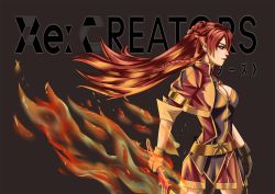 Rule 34 | 1girl, bad id, bad pixiv id, blue eyes, braid, breasts, cleavage, cleavage cutout, clothing cutout, earrings, fire, flaming sword, flaming weapon, from side, gloves, hair lift, highres, holding, holding sword, holding weapon, jewelry, kouichi09, large breasts, long hair, multicolored hair, open mouth, profile, re:creators, red hair, selesia upitiria, solo, sword, title, twin braids, two-tone hair, weapon