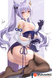 Rule 34 | 1girl, armpits, artist name, ass, bare shoulders, black bow, black panties, blush, bow, breasts, brown thighhighs, character name, claw pose, detached sleeves, double bun, embarrassed, feet, frilled gloves, frills, from behind, genshin impact, gloves, hair bow, hair bun, heart, highres, keqing (genshin impact), large breasts, long hair, looking at viewer, looking back, no shoes, panties, parted lips, pink eyes, piukute062, purple gloves, see-through, sideboob, signature, soles, solo, thighhighs, twintails, two-tone background, underwear, very long hair