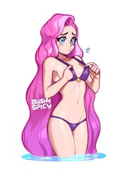 Rule 34 | 1girl, alternate costume, artist name, bare arms, bare shoulders, bikini, bikini pull, blue eyes, blush, blushyspicy, breast conscious, breasts, clothes pull, collarbone, cowboy shot, flying sweatdrops, league of legends, long hair, looking down, navel, pink hair, purple bikini, sad, seraphine (league of legends), shiny skin, small breasts, solo, star (symbol), stomach, swimsuit, tearing up, transparent background, very long hair, wading, water
