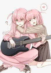 Rule 34 | 2girls, :d, ?, aged up, artist name, black footwear, black skirt, blue eyes, blush, bocchi the rock!, canis428, cube hair ornament, frown, gotoh futari, gotoh hitori, grey shirt, guitar, hair ornament, heart, highres, holding, holding instrument, hug, indian style, instrument, jacket, kneeling, long hair, multiple girls, music, open mouth, pants, pink hair, pink jacket, pink pants, playing instrument, pleated skirt, school uniform, serafuku, shaded face, shirt, shoes, siblings, signature, simple background, sisters, sitting, skirt, smile, sneakers, spoken heart, sweatdrop, time paradox, track suit, yamaha pacifica