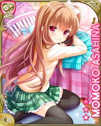 Rule 34 | 1girl, :d, asahina momoko, badge, bag, bed, bedroom, black thighhighs, bow, brown hair, button badge, card (medium), character name, closed mouth, day, girlfriend (kari), hair bow, hair ribbon, indoors, kneeling, necktie, official art, one side up, open mouth, plaid, plaid skirt, polka dot, polka dot bow, qp:flapper, red eyes, ribbon, school uniform, side ponytail, skirt, smile, solo, sweater, thighhighs