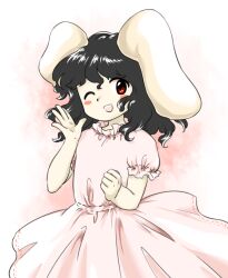Rule 34 | 1girl, ;d, animal ears, black hair, blush stickers, dress, flat chest, floppy ears, hand up, inaba tewi, medium hair, nonamejd, official style, one eye closed, open mouth, pink dress, puffy short sleeves, puffy sleeves, rabbit ears, rabbit girl, red eyes, short sleeves, smile, solo, teeth, touhou, upper teeth only, zun (style)